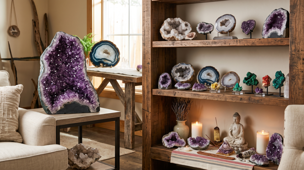 Decorating with geodes display ideas for home altars mineral collections sians emporium A warm beautifully styled living room featuring geodes and minerals displayed across a wooden bookshelf a side table with a large amethyst geode and a sacred altar shelf with candles incense and a small buddha statue