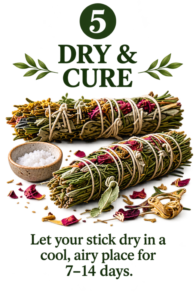 Dry and cure a homemade herbal smoke cleansing stick sians emporium Two handmade herbal smoke cleansing sticks wrapped with natural twine and dried flowers illustrating how to dry and cure a herb bundle before use