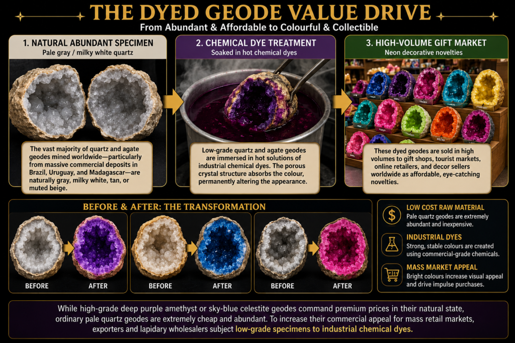 The dyed geode value drive natural vs chemicaldyed geodes sians emporium Infographic showing how natural pale quartz and agate geodes are treated with chemical dyes to create brightly coloured decorative geodes for the mass gift market