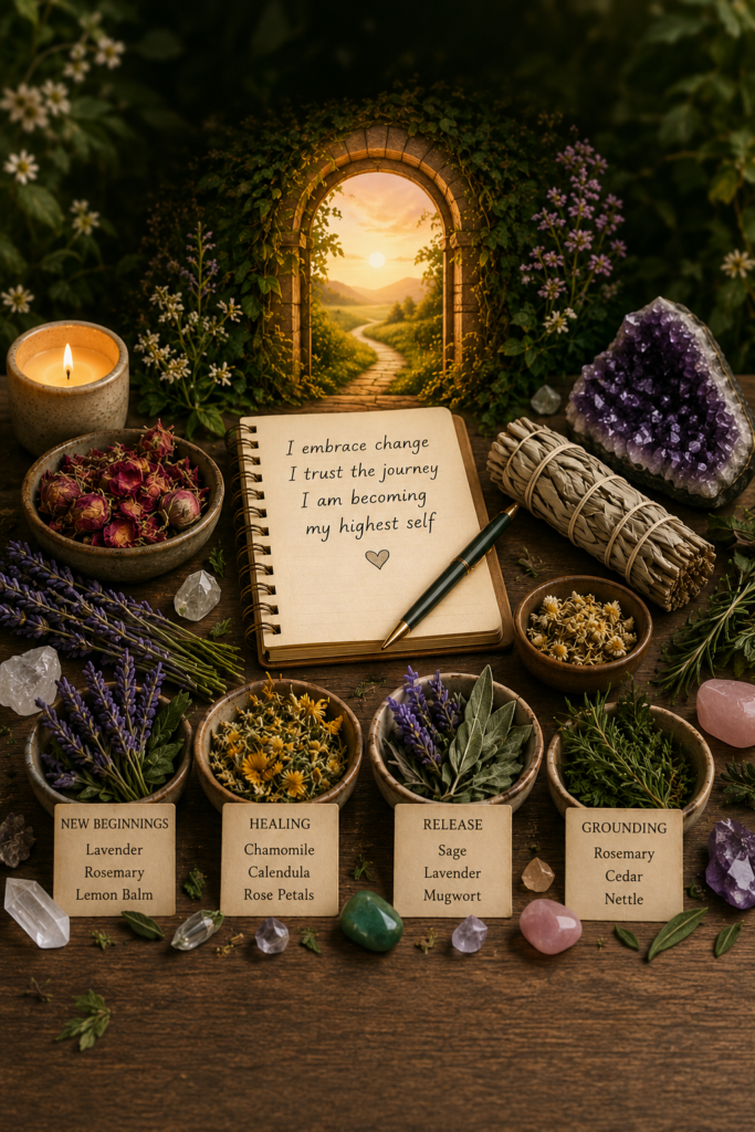 Affirmations and botanical pairings for life transitions sians emporium Botanical altar with affirmation journal lavender sage rosemary chamomile crystals and candlelight representing healing grounding release and new beginnings