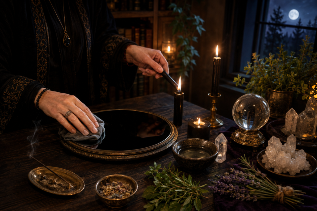 Stepbystep scrying ritual preparation sians emporium Practitioner cleansing a black scrying mirror and lighting candles while preparing crystals herbs and incense for a scrying ritual