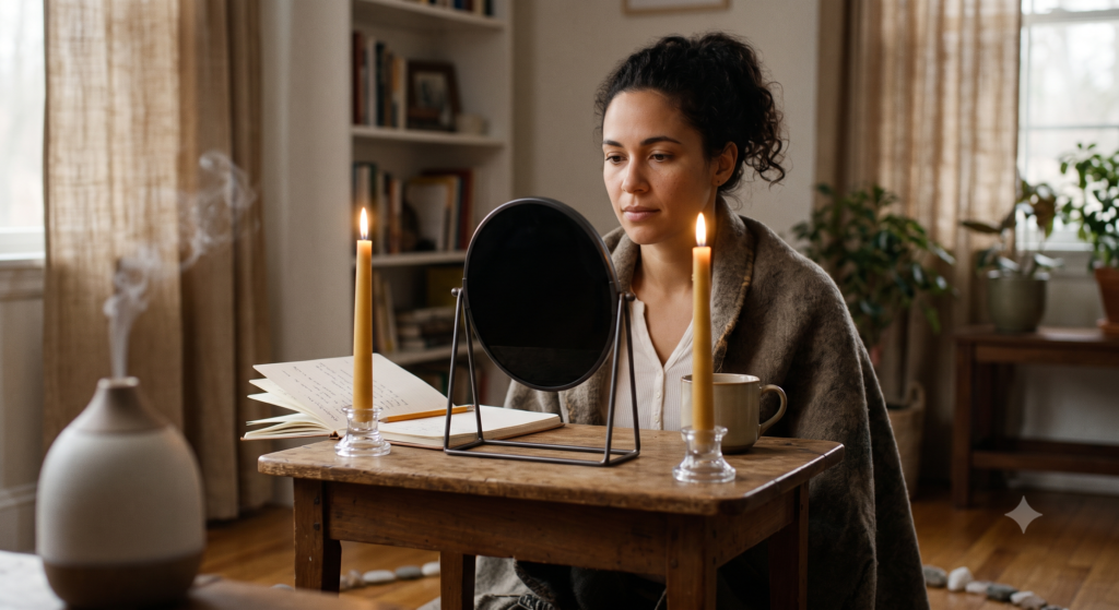 A practitioner wrapped in a cosy blanket sits at a wooden table with a black mirror candles journal tea and essential oil diffuser