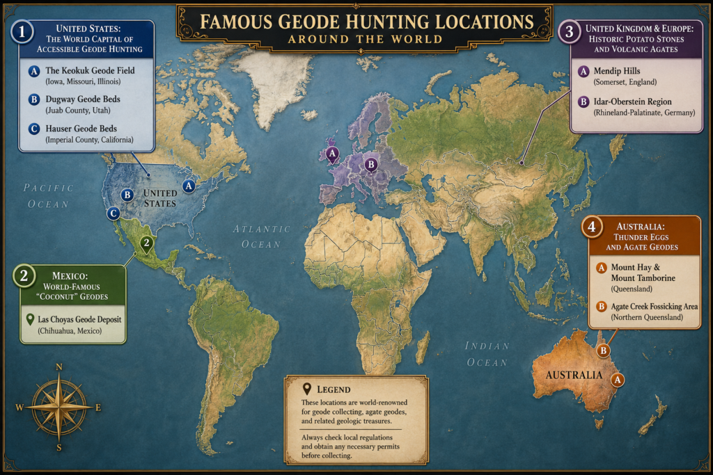Famous geode hunting locations around the world | geode map sians emporium Illustrated world map highlighting famous geode hunting locations in the united states mexico united kingdom germany and australia including keokuk dugway hauser las choyas mendip hills idar oberstein mount hay mount tamborine and agate creek