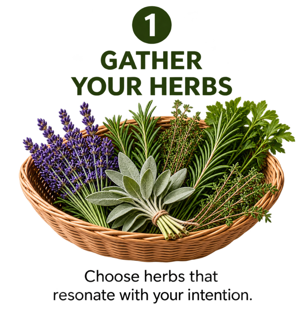 Gather herbs for a homemade smoke cleansing stick sians emporium Wicker basket filled with lavender sage rosemary thyme and fresh herbs gathered for making a homemade herbal smoke cleansing stick