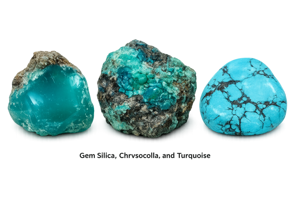 Gem silica chrysocolla and turquoise mineral specimens displayed side by side showing their distinctive blue green colours natural matrix patterns and textures