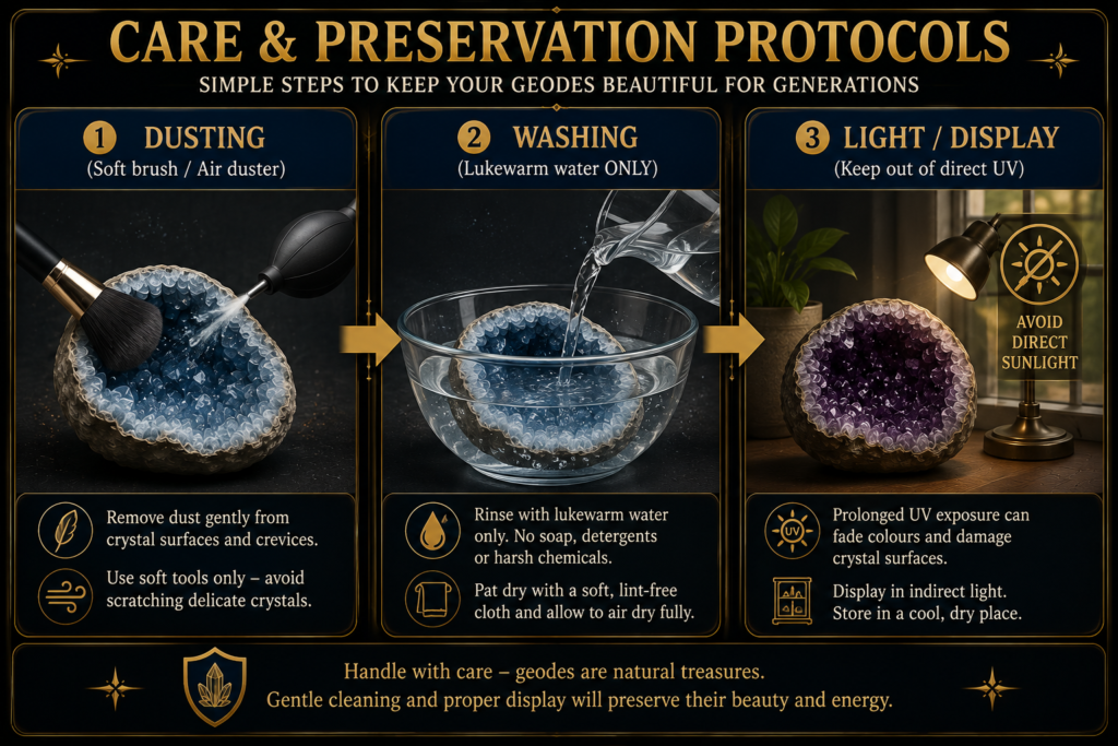 Geode care infographic showing safe dusting with a soft brush or air duster washing with lukewarm water and displaying geodes away from direct uv sunlight