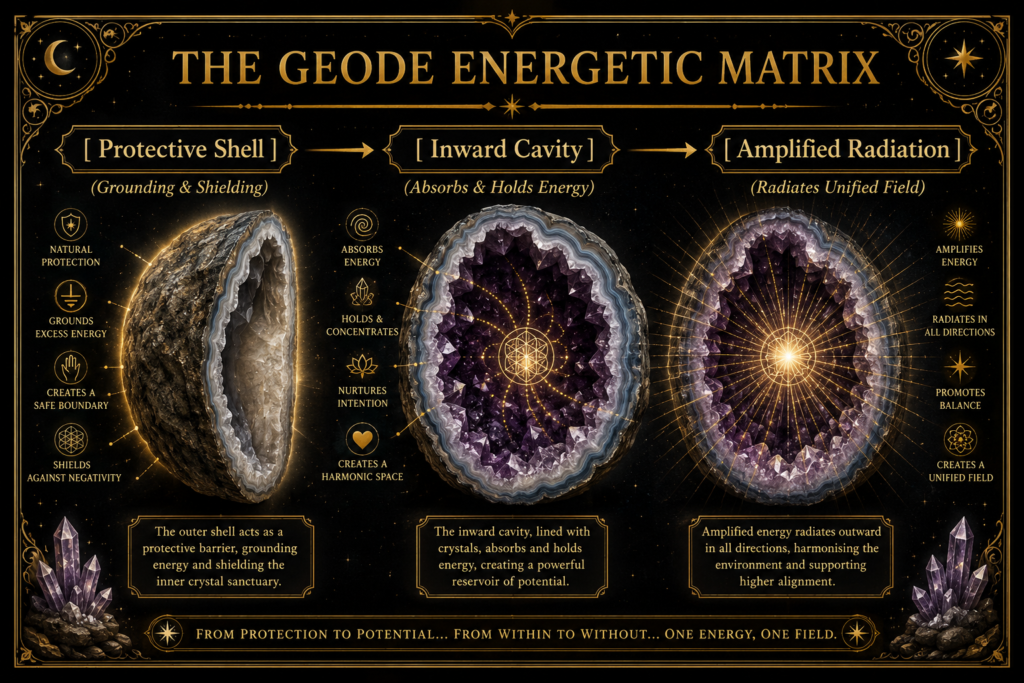 The geode energetic matrix diagram showing a protective outer shell inward crystal cavity and amplified radiation illustrating the traditional metaphysical belief that geodes ground hold and radiate energy