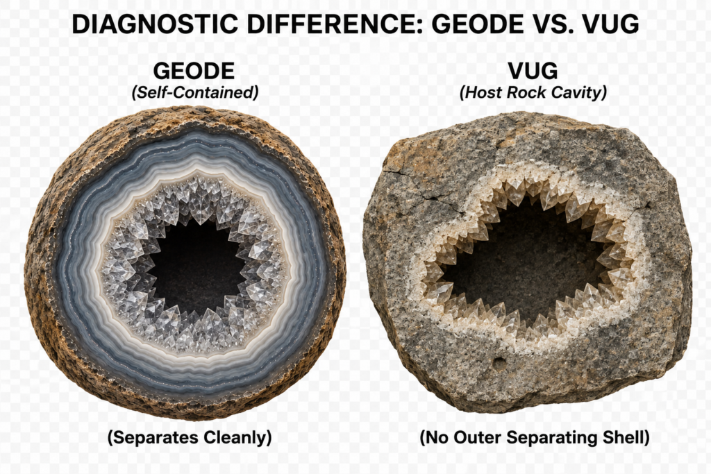 Geode vs vug diagnostic differences sians emporium Geode vs vug comparison showing a self contained geode with a separating outer shell beside a crystal lined vug formed as a cavity within host rock