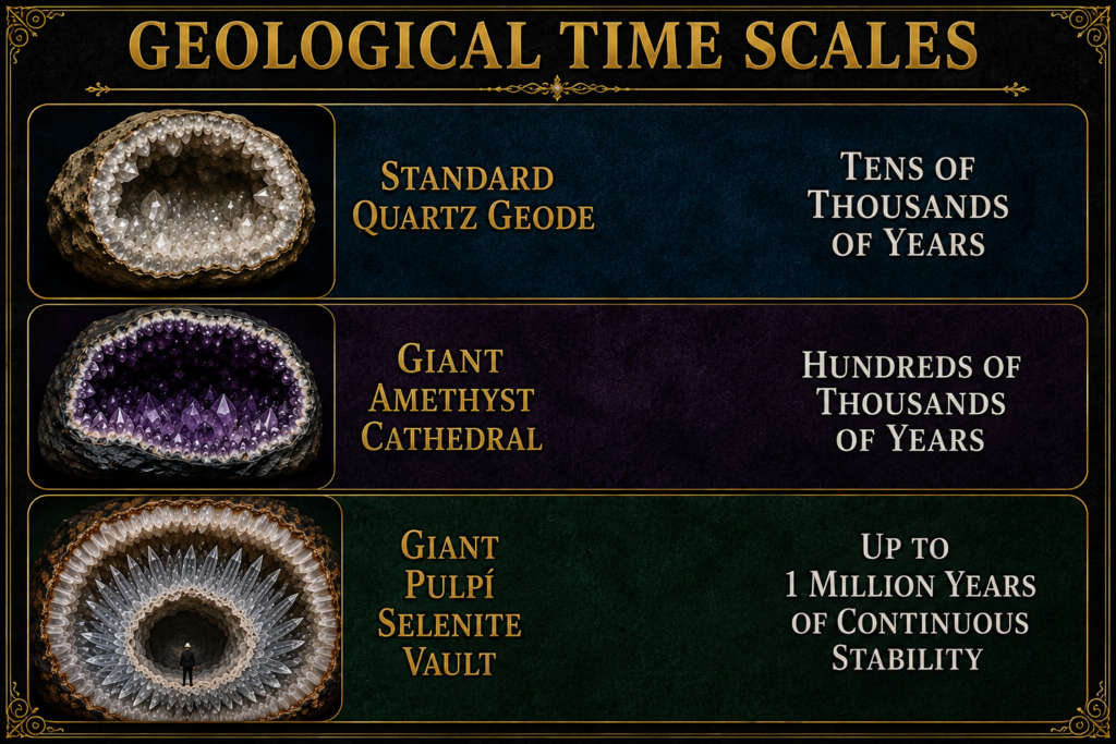 Geological time scales quartz geodes amethyst cathedrals and pulpí selenite sians emporium Geological time scale infographic comparing the formation of a standard quartz geode giant amethyst cathedral and giant pulpí selenite vault
