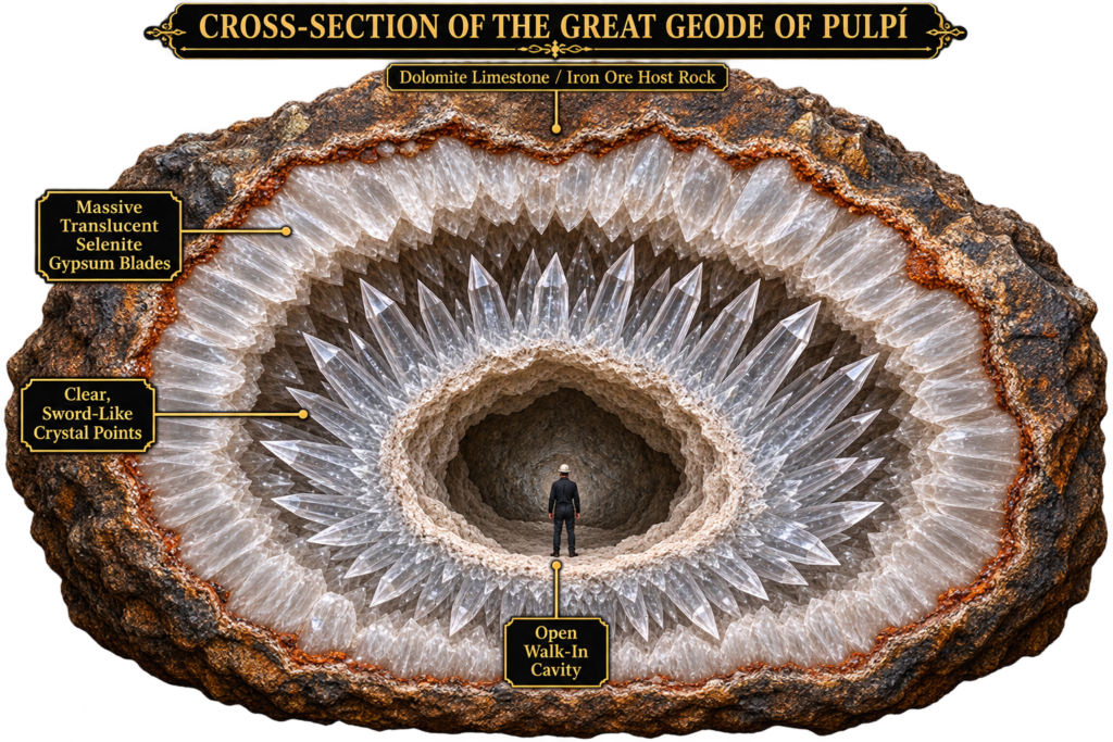 Crosssection of the great geode of pulpí selenite gypsum crystal cave sians emporium Cross section illustration of the great geode of pulpí showing dolomite limestone and iron ore host rock massive translucent selenite gypsum blades clear sword like crystal points and the central walk in cavity
