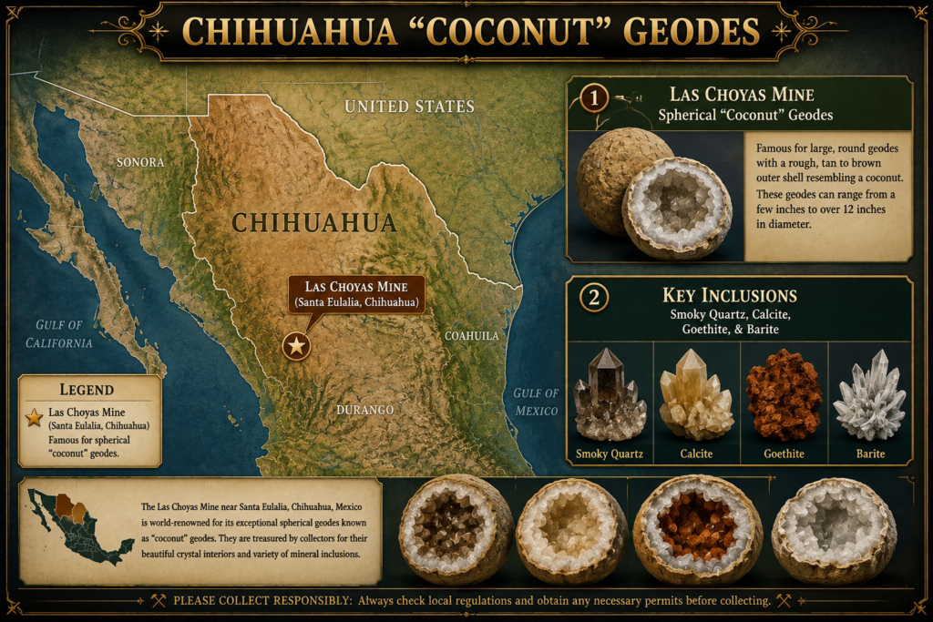 Chihuahua coconut geodes | las choyas mine mexico sians emporium Illustrated map of chihuahua mexico highlighting the las choyas mine and its famous spherical coconut geodes with smoky quartz calcite goethite and barite inclusions