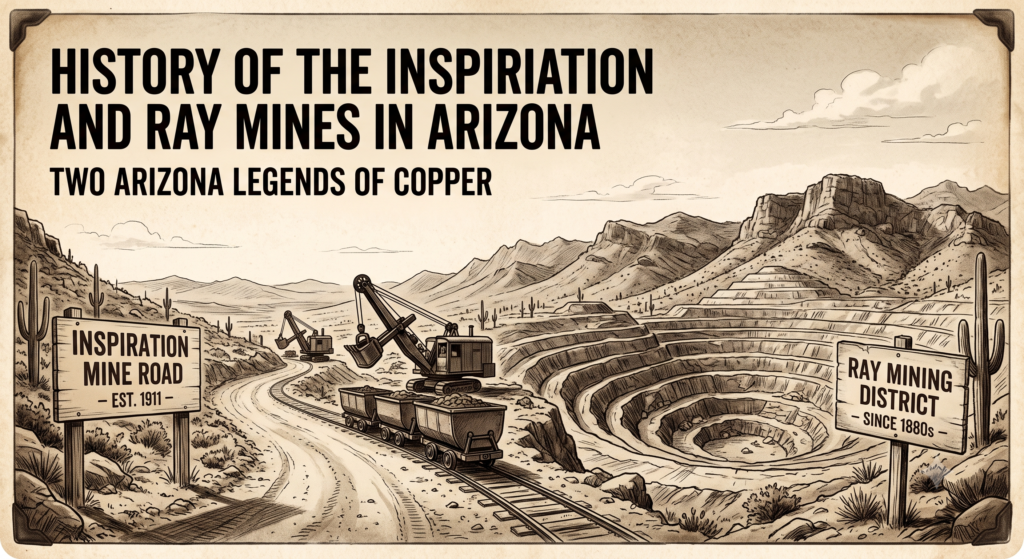 Vintage style illustration of arizona copper mining featuring open pit mines historic signs for inspiration mine road and ray mining district and desert terrain