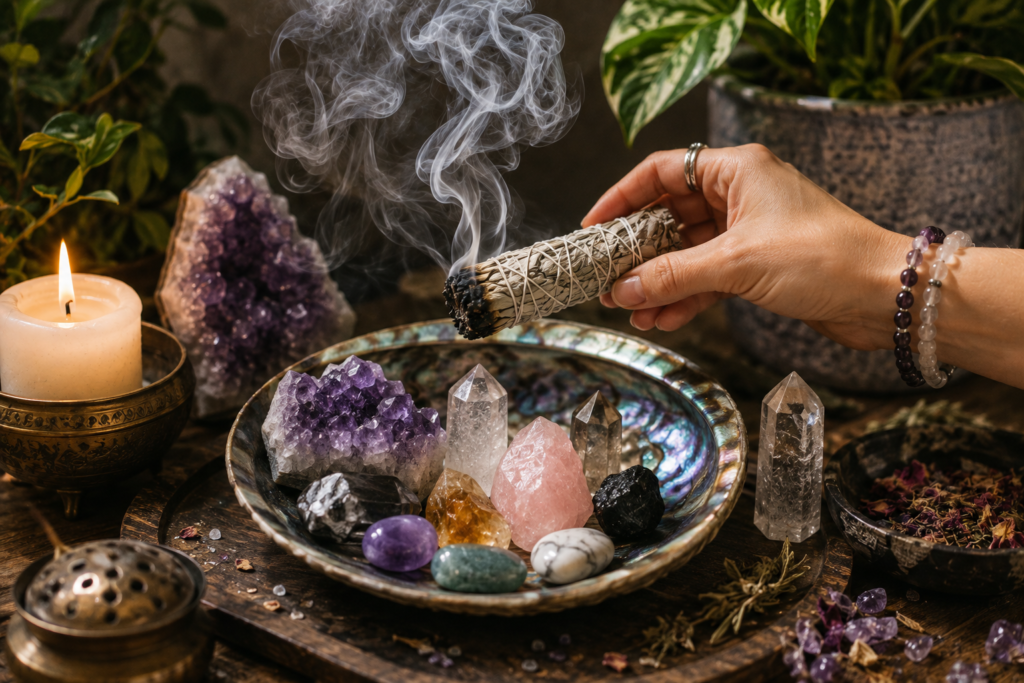 Crystals being cleansed with smoke from a burning herb bundle beside an amethyst geode candle and incense bowl
