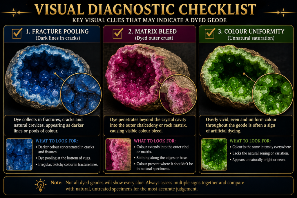How to identify dyed geodes visual diagnostic checklist sians emporium Visual diagnostic checklist showing three signs of a dyed geode dye pooling in fractures colour bleeding into the outer matrix and unnaturally bright or uniform colour