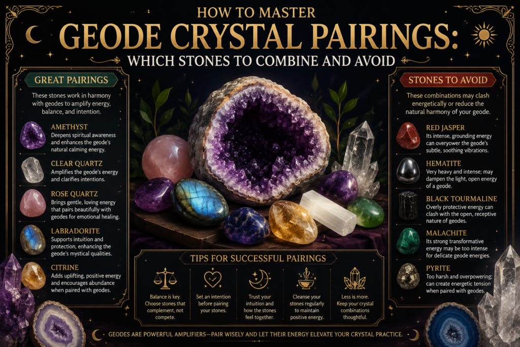 Geode crystal pairing guide featuring an amethyst geode with complementary crystals and stones to avoid when creating crystal combinations