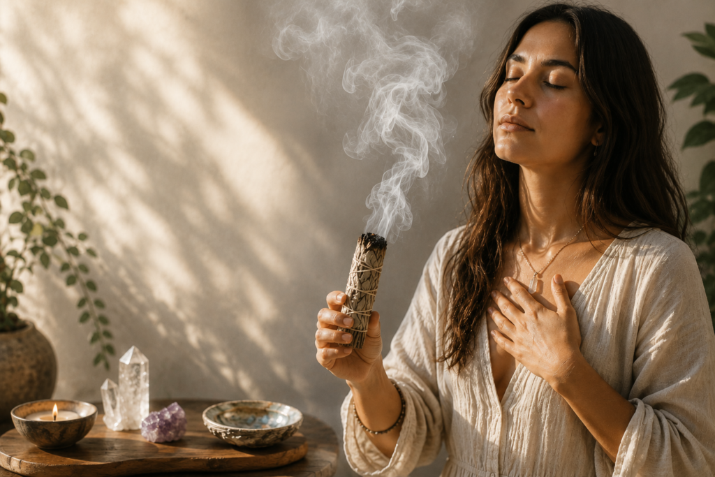 How to smoke cleanse yourself personal cleansing ritual sians emporium Woman performing a personal smoke cleansing ritual with a burning herb bundle surrounded by crystals a candle and plants