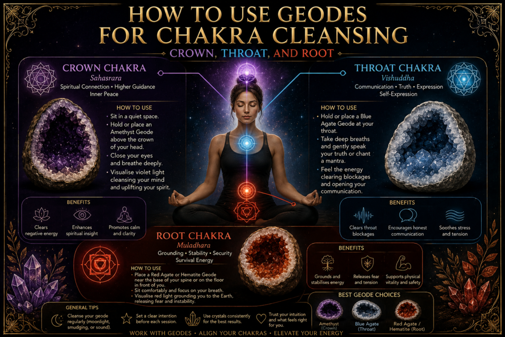 How to use geodes for chakra cleansing crown throat and root chakras sians emporium Guide to using crystal geodes for crown throat and root chakra cleansing showing a meditating person with amethyst blue and red geodes positioned around the three chakra centres