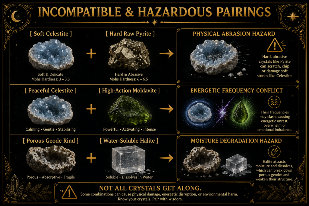 Ncompatible crystal pairings infographic showing soft celestite with hard raw pyrite as an abrasion risk celestite with moldavite as an energetic conflict and porous geode rind with water soluble halite as a moisture degradation risk