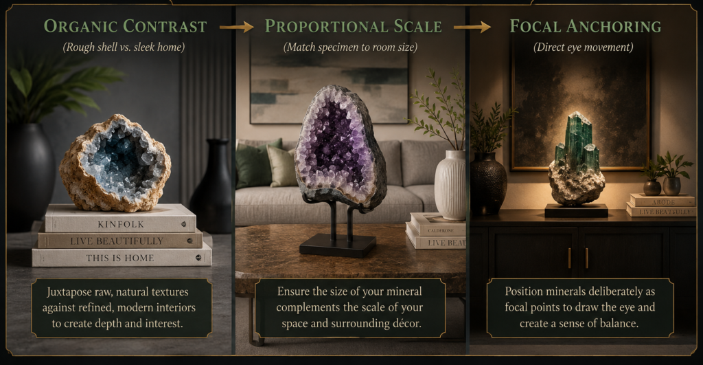 Interior design principles for styling mineral specimens sians emporium Infographic titled interior design principles organic contrast proportional scale and focal anchoring with geode crystals on books and decor for styling mineral specimens