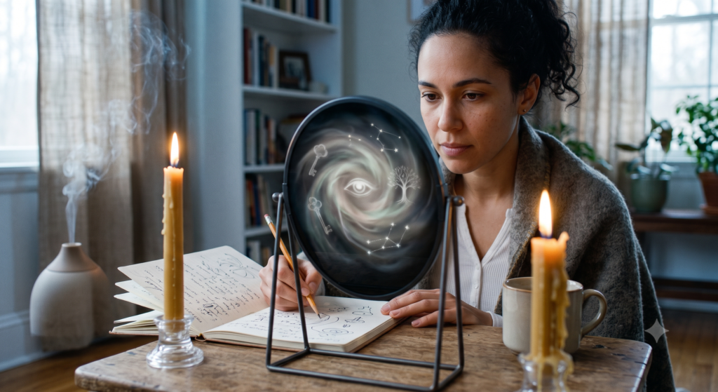 Deciphering the symbols a deepfocus moment of interpreting swirling visions in a black scrying mirror and recording their meaning sians emporium A focused woman with curly hair sits at a candlelit wooden table gazing into a black mirror that is manifesting swirling mystical symbols like an eye a key and a tree which she then records in an open notebook