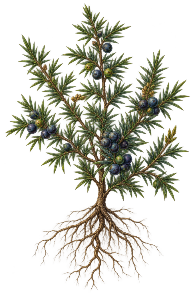 Juniper juniperus communis victorian botanical illustration sians emporium Victorian botanical illustration of common juniper juniperus communis with evergreen foliage berries and exposed bare roots