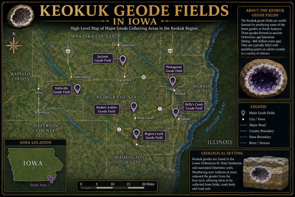 Keokuk geode fields highlevel map of iowa geode country sians emporium High level map of the keokuk geode fields in iowa showing major geode collecting areas towns rivers roads and the wider geological region near the mississippi river and illinois border
