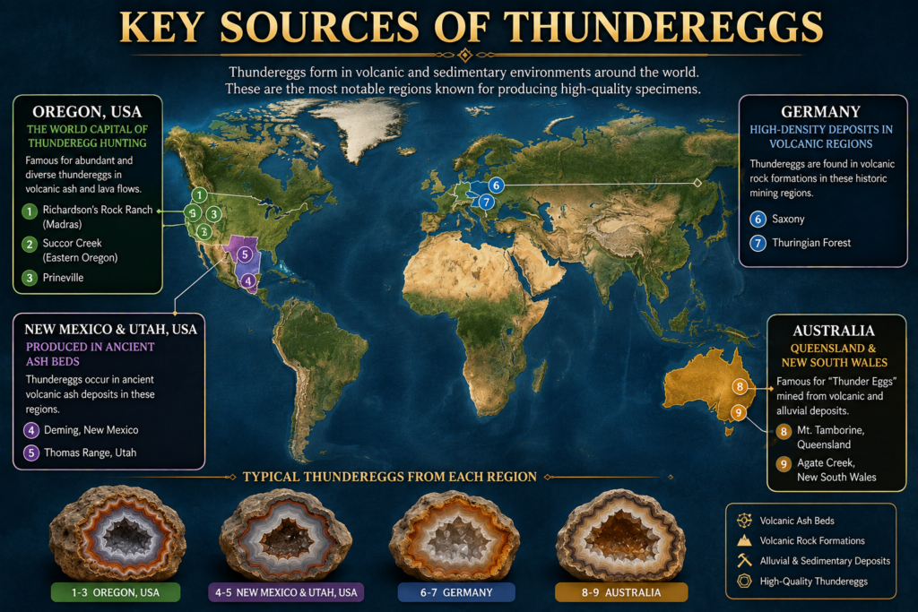 World map showing key sources of thundereggs in oregon new mexico utah germany and australia with famous collecting locations and examples of typical thundereggs