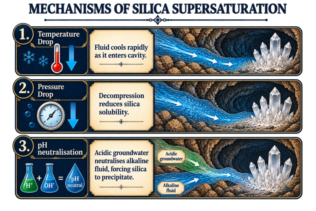 Diagram showing temperature drop pressure drop and ph neutralisation as three mechanisms of silica supersaturation that cause silica to precipitate and form quartz crystals