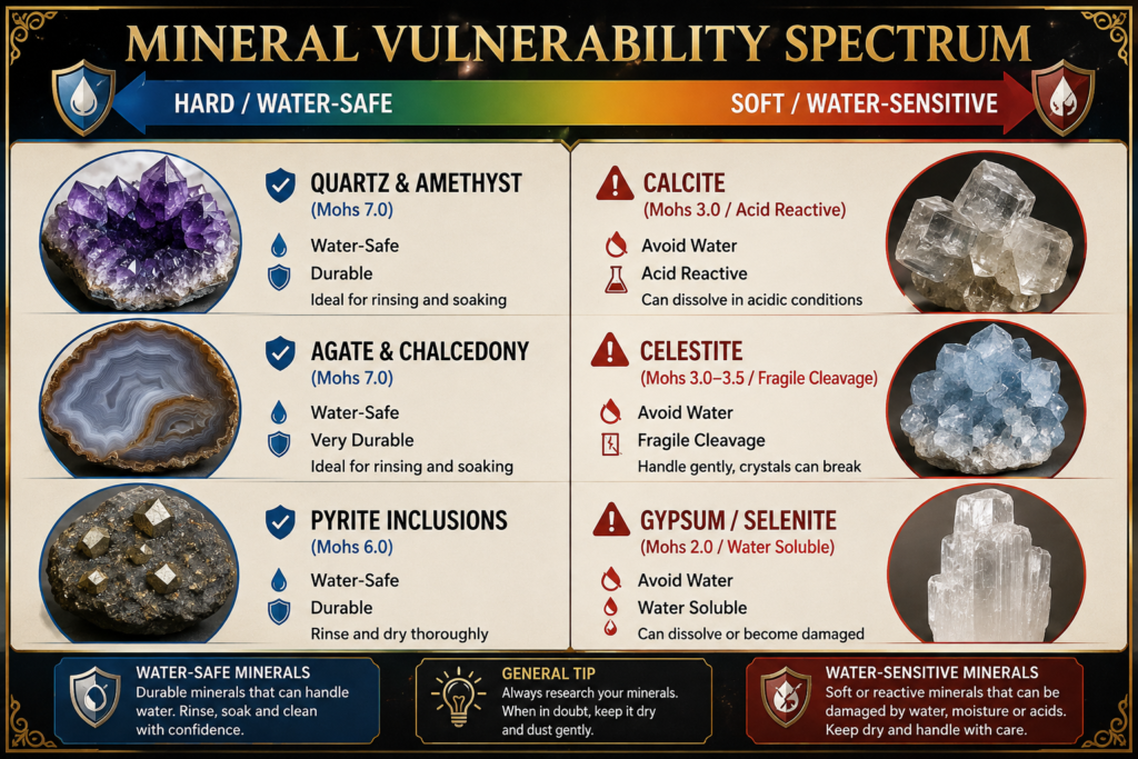 Mineral vulnerability spectrum watersafe and watersensitive crystals sians emporium Mineral vulnerability spectrum comparing water safe quartz amethyst agate chalcedony and pyrite with water sensitive calcite celestite gypsum and selenite