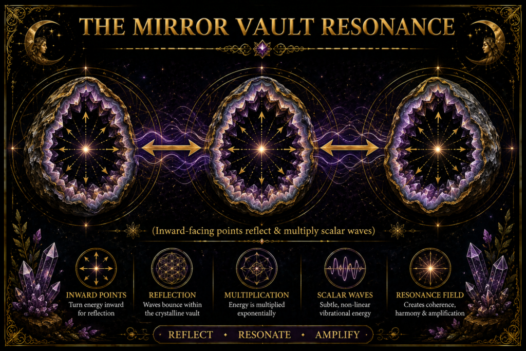 The mirror vault resonance geode reflection and energy amplification sians emporium Mirror vault resonance diagram showing three amethyst geodes with inward facing crystal points symbolically reflecting resonating and multiplying energy within their crystalline interiors