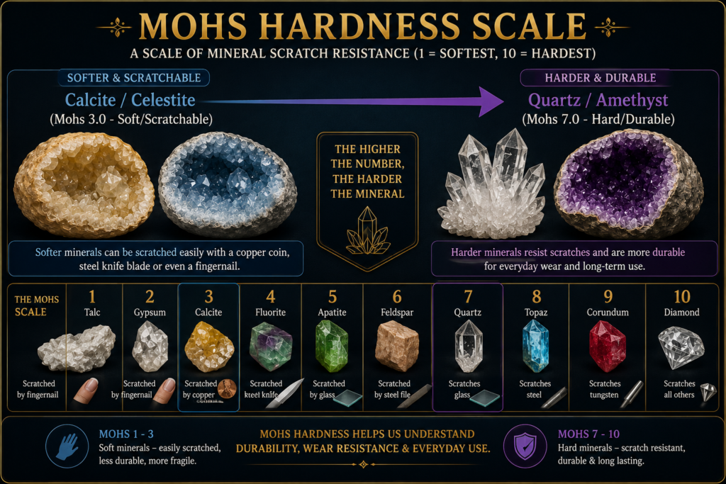 Mohs hardness scale infographic comparing softer calcite and celestite with harder quartz and amethyst showing mineral scratch resistance from mohs 1 to 10