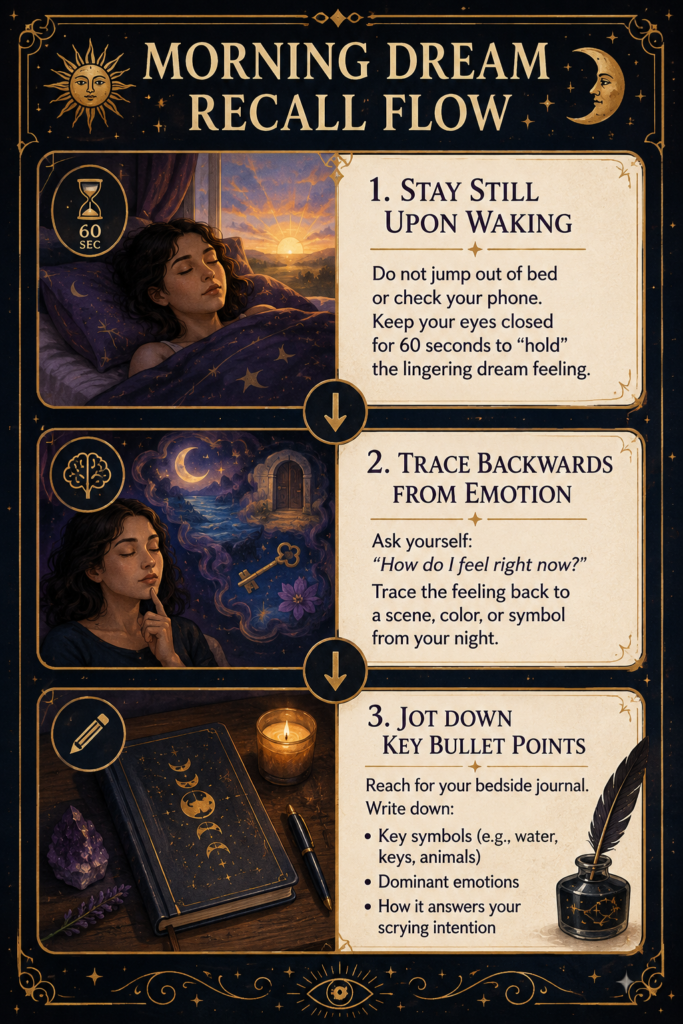 Morning dream recall flow dream journal and scrying guide sians emporium Morning dream recall flow infographic showing three steps for remembering dreams stay still upon waking trace backwards from emotions and record key symbols feelings and scrying insights in a bedside dream journal