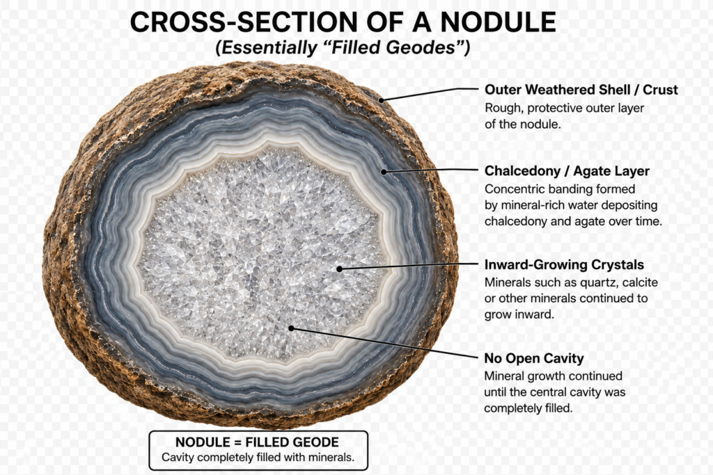 Crosssection of a nodule filled geode formation sians emporium Cross section of a mineral nodule showing an outer weathered crust chalcedony and agate layers inward growing crystals and a completely mineral filled centre with no open cavity