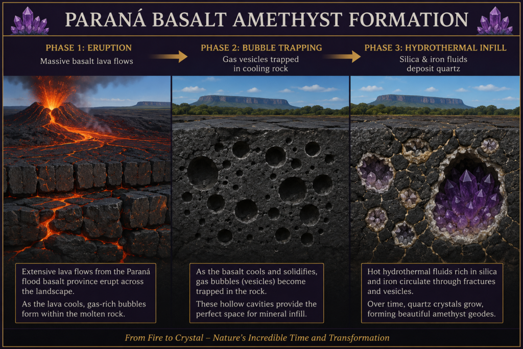 Paraná basalt amethyst formation from volcanic lava to crystal geodes sians emporium Diagram showing paraná basalt amethyst formation through three stages volcanic eruption and basalt lava flows gas bubble cavities forming in cooling basalt and silica rich hydrothermal fluids depositing quartz and amethyst crystals