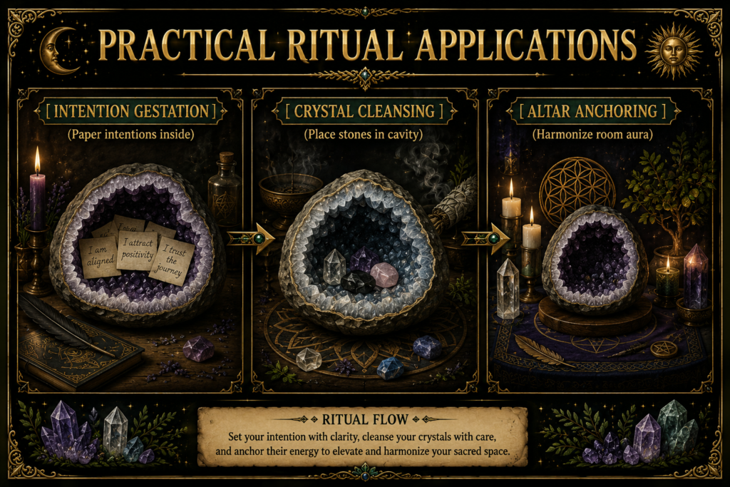 Practicalgeoderitualapplicationscrystalcleansingintentionsaltar sians emporium Practical geode ritual applications infographic showing intention gestation with written intentions crystal cleansing by placing stones inside a geode and altar anchoring to harmonise the energy of a sacred space