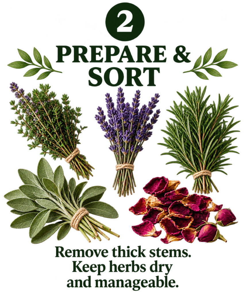 Preparesortherbssmoke sians emporium Sage lavender rosemary thyme and dried rose petals prepared and sorted for making a handmade herbal smoke cleansing stick