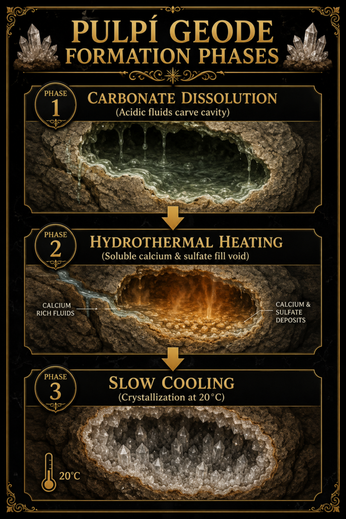 Pulpí geode formation phases how the giant crystals formed sians emporium Pulpí geode formation phases showing carbonate dissolution creating the cavity hydrothermal heating filling it with calcium and sulfate rich fluids and slow cooling leading to crystal growth at around 20°c