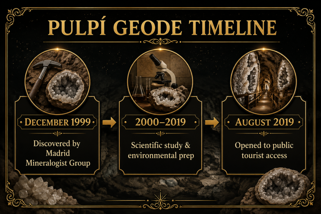 Pulpí geode timeline discovery scientific study and public opening sians emporium Pulpi's Great Geode imeline showing its discovery in December 1999 by the Madrid Mineralogist Group, scientific study and environmental preparation from 2000 to 2019, and opening to public tourist access in August 2019.