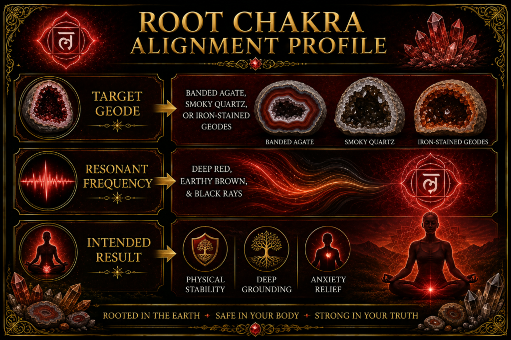 Root chakra alignment profile grounding geodes and crystal energy sians emporium Root chakra alignment profile featuring banded agate smoky quartz and iron stained geodes with deep red earthy brown and black rays representing grounding and stability