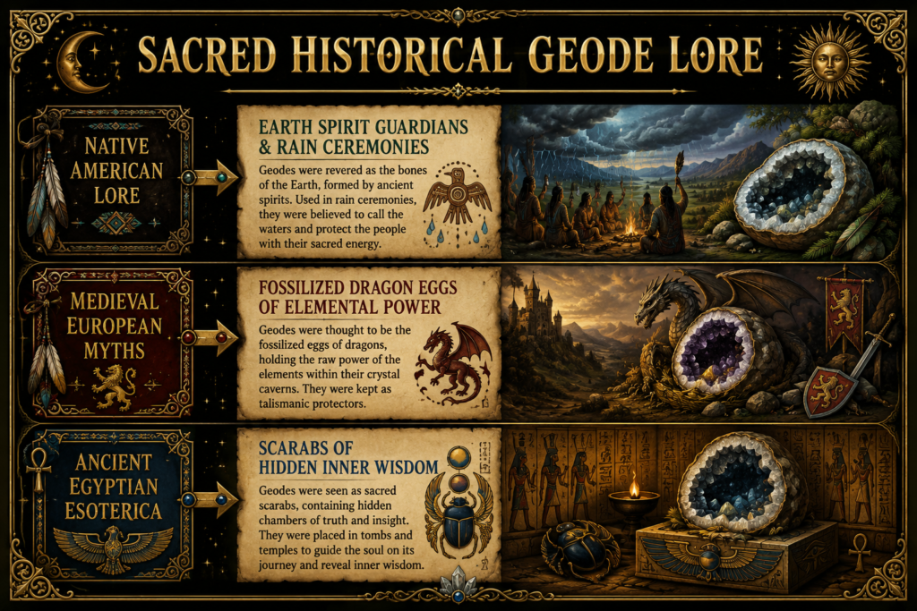 Sacred historical geode lore ancient myths legends and spiritual symbolism sians emporium Sacred historical geode lore infographic exploring native american earth spirit and rain ceremony traditions medieval european dragon egg myths and ancient egyptian scarab symbolism and hidden wisdom