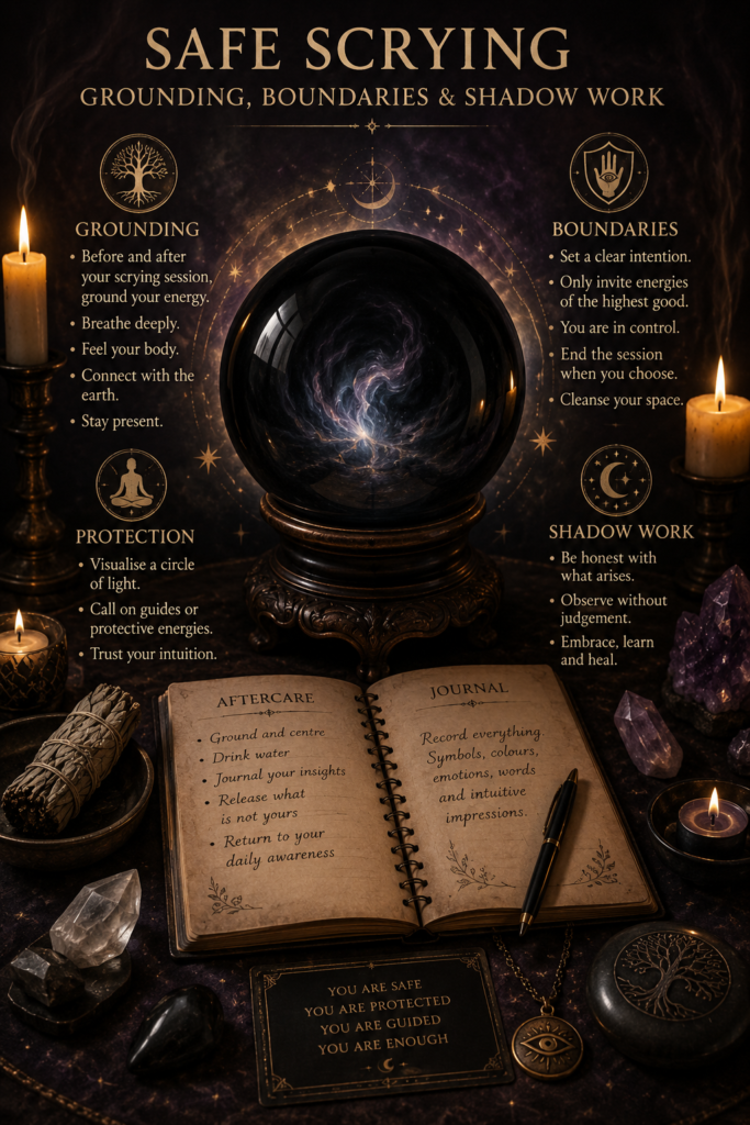 Safe scrying grounding boundaries and shadow work ritual sians emporium Mystical scrying altar featuring a crystal ball candles crystals cleansing herbs and a journal symbolising safe scrying practices grounding energetic boundaries and shadow work