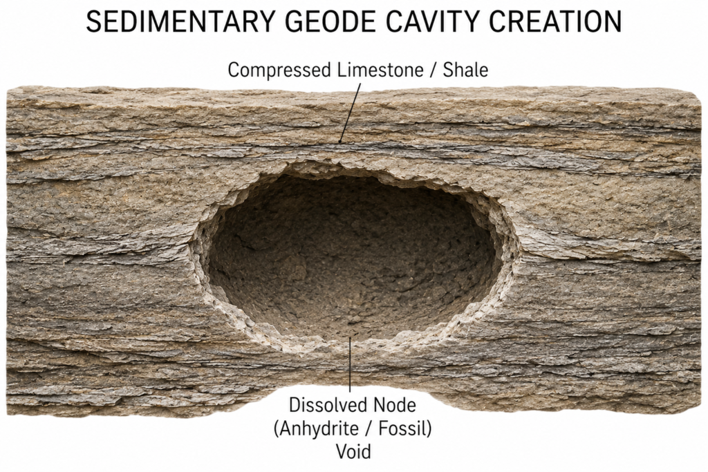 Sedimentary geode cavity creation limestone and shale formation sians emporium Diagram showing sedimentary geode cavity creation as an anhydrite nodule or fossil dissolves within compressed limestone or shale leaving a hollow void