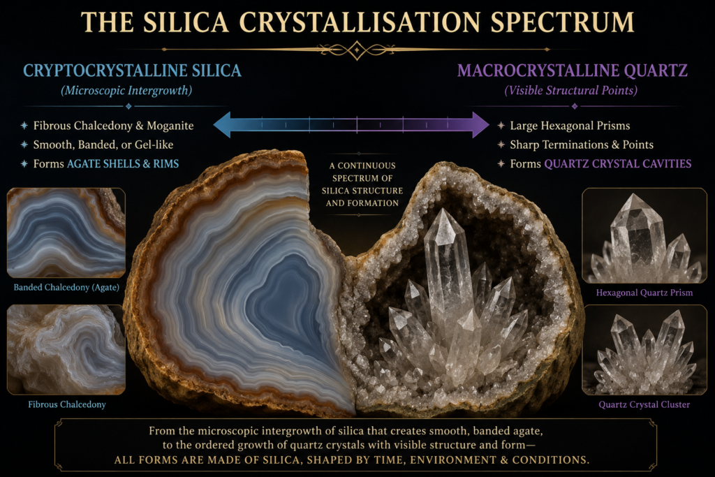 Educational diagram showing the silica crystallisation spectrum from cryptocrystalline chalcedony and agate banding to macrocrystalline quartz prisms and crystal filled cavities