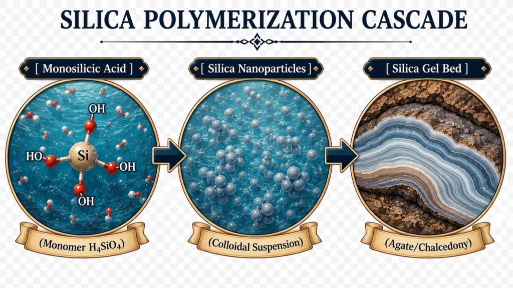 Silica polymerisation cascade showing monosilicic acid h₄sio₄ developing into silica nanoparticles and a silica gel bed associated with agate and chalcedony formation