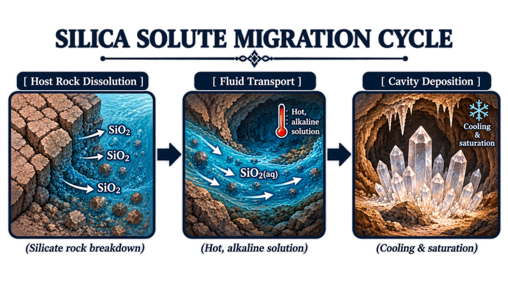 Silica solute migration cycle showing host rock dissolution hot alkaline fluid transport and cavity deposition leading to quartz crystal formation