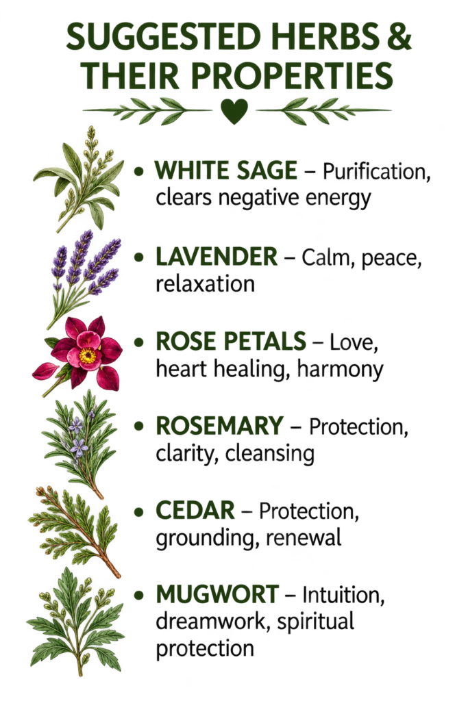 Smokecleansingherbsproperties sians emporium Illustrated guide to smoke cleansing herbs including white sage lavender rose petals rosemary cedar and mugwort with their traditional spiritual properties