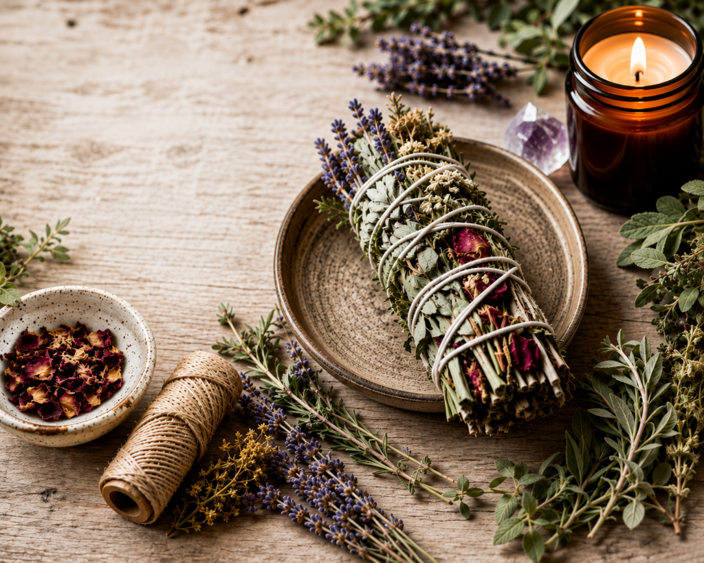 Handmade herbal smoke cleansing stick sians emporium Handmade herbal smoke cleansing stick bound with twine surrounded by lavender dried herbs rose petals amethyst and a candle on a rustic wooden table