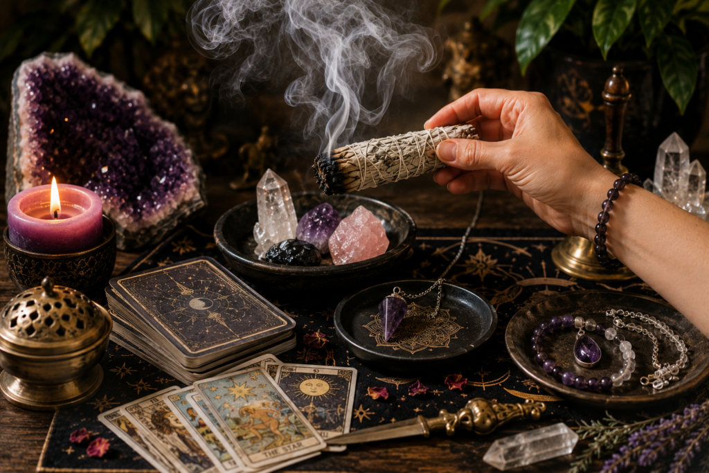 Smoke cleansing tarot cards a crystal pendulum crystal jewellery and altar tools with a burning herb bundle