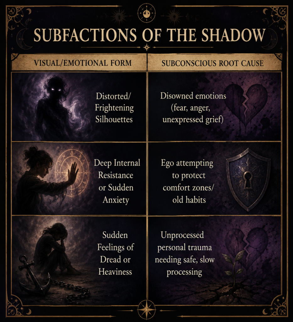 Subfactions of the shadow understanding shadow work responses sians emporium Illustrated chart showing three common shadow work experiences and their subconscious root causes including frightening silhouettes internal resistance anxiety and unresolved trauma