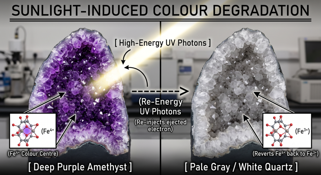A scientific diagram titled sunlight induced colour degradation illustrating the split transformation of a deep purple amethyst geode into a pale gray white quartz geode under exposure to high energy uv photons complete with molecular models of fe4+ changing to fe3+